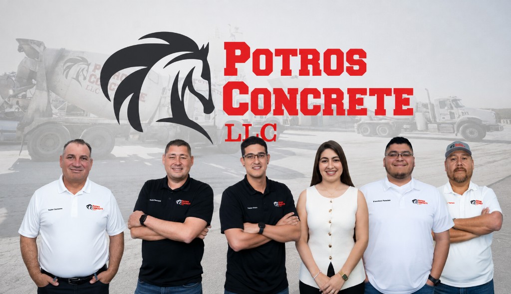 The Potros Concrete LLC team standing together in front of the plant and fleet